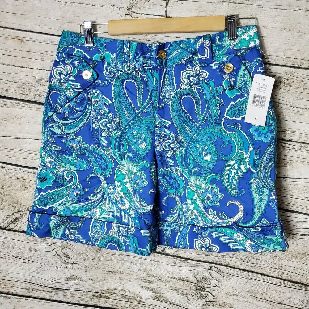 RALPH LAUREN Womens Shorts 4 Blue Floral Paisley High Waist Pockets LRL - Picture 1 of 14